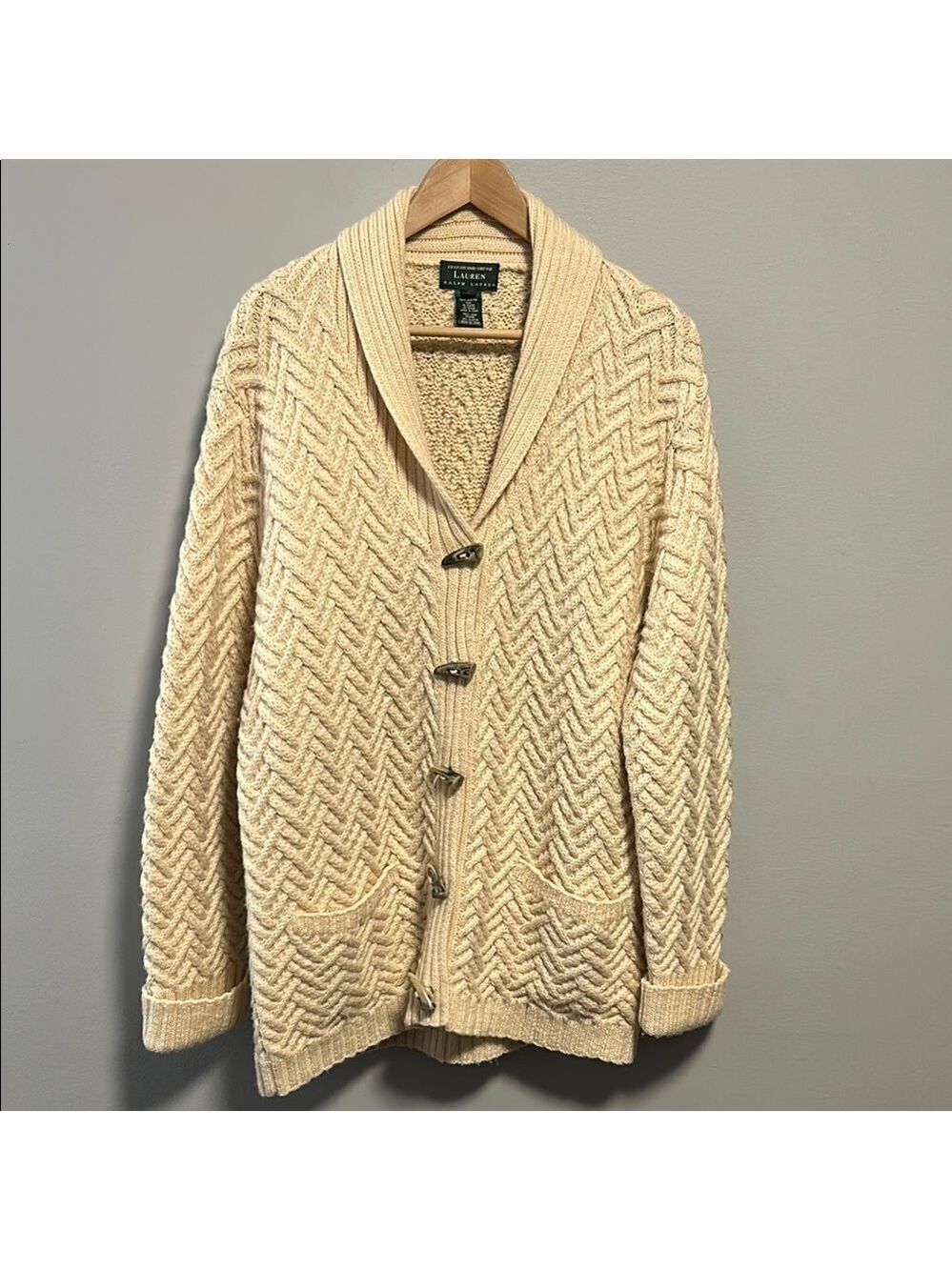 Vintage Lauren Ralph Lauren Handknit Wool Fisherman Cardigan Sweater Large
